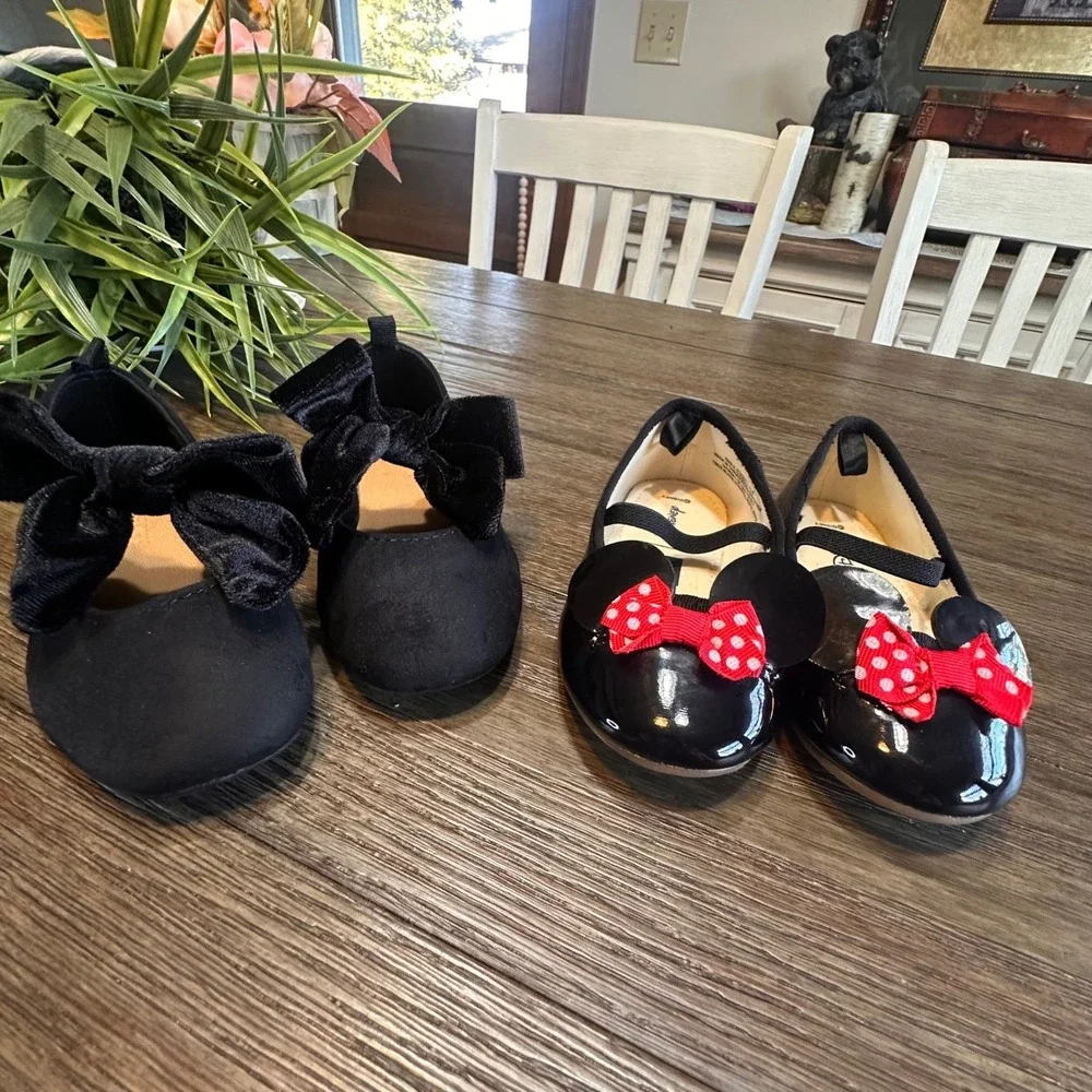 Baby Girl Disney Minnie Mouse Black Ballet Flats Bundle‎ of 2 Shoes Size 6-7